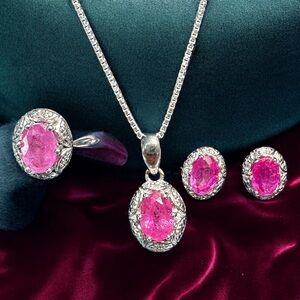 Sterling SIlver Ruby Oval Signed Set - Necklace, Earrings & Ring